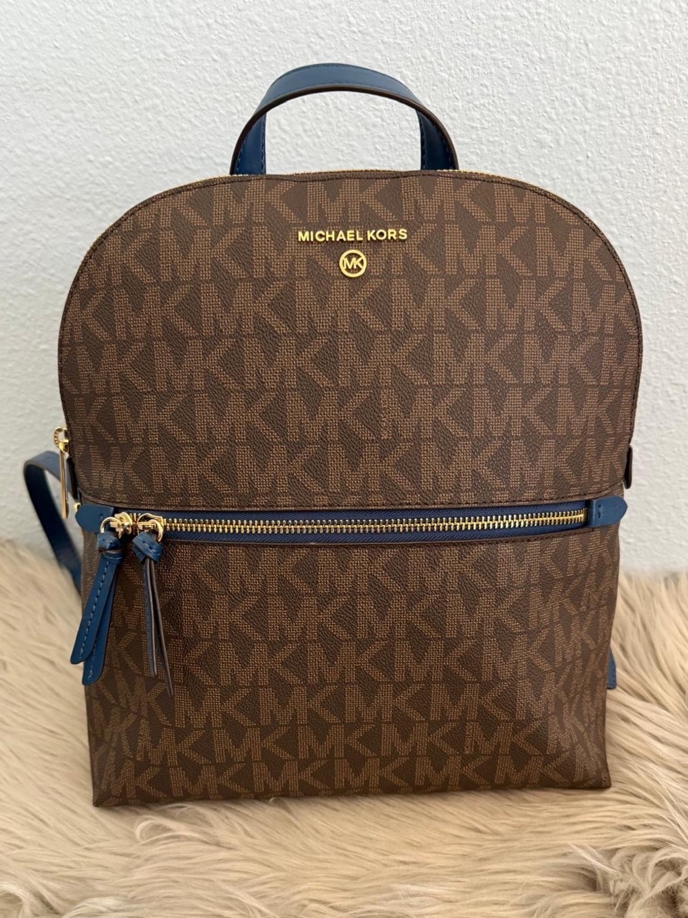 Michael Kors Dallas Brown MK Logo Backpack with Blue Trim